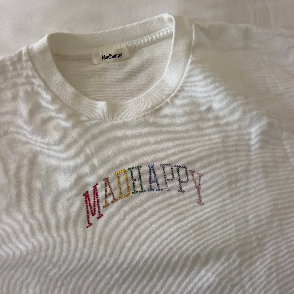 Madhappy White Rainbow Swarovski Crystal Logo Short Sleeve T-Shirt Crewneck - Picture 2 of 2